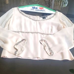 Vintage cream w/silver beading 100% silk long slv. blouse Medium